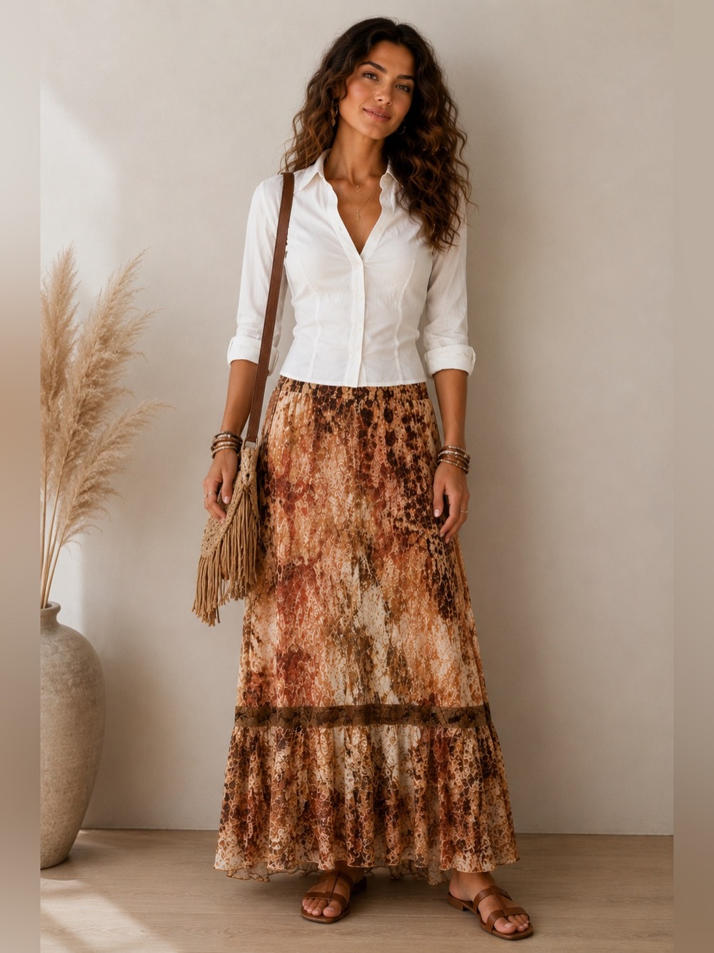 Chico’s Boho Romantic Lace Maxi Skirt Brown Tiered Fairy Grunge Y2K Size 1 M